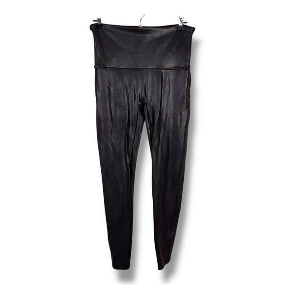 XL Spanx Black Faux Leather Leggings Pants Fitted Stretch Compression - Picture 1 of 13